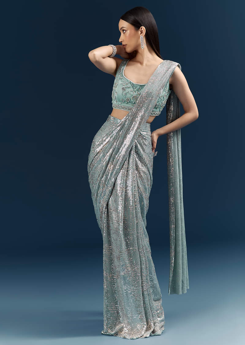 Powder Blue Imported Sequins And Net Ready Pleated Saree With Embroidery