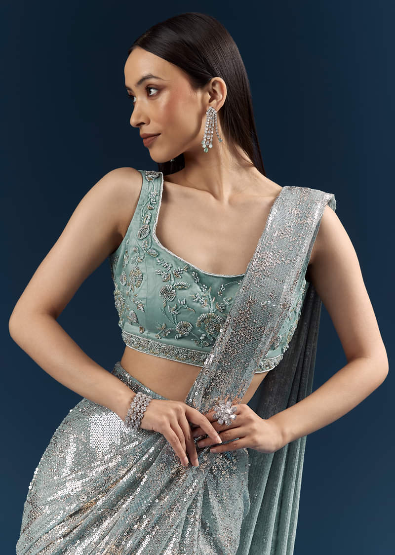 Powder Blue Imported Sequins And Net Ready Pleated Saree With Embroidery