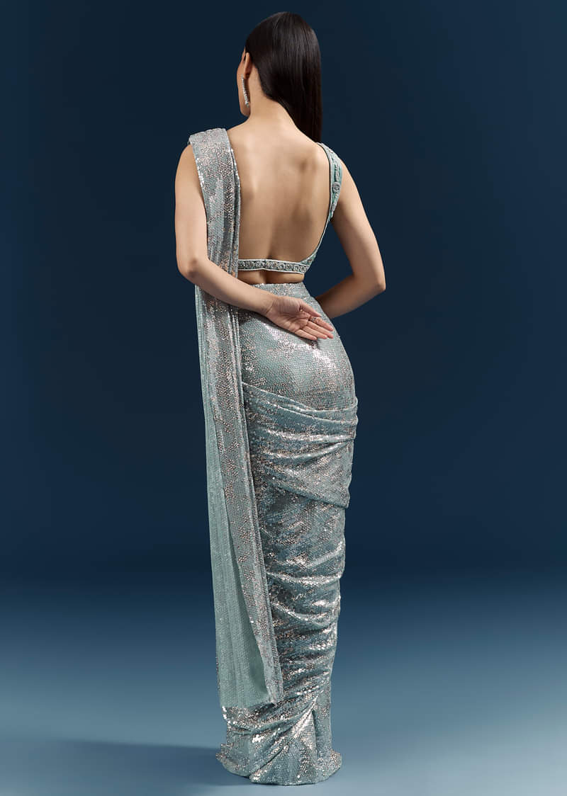 Powder Blue Imported Sequins And Net Ready Pleated Saree With Embroidery
