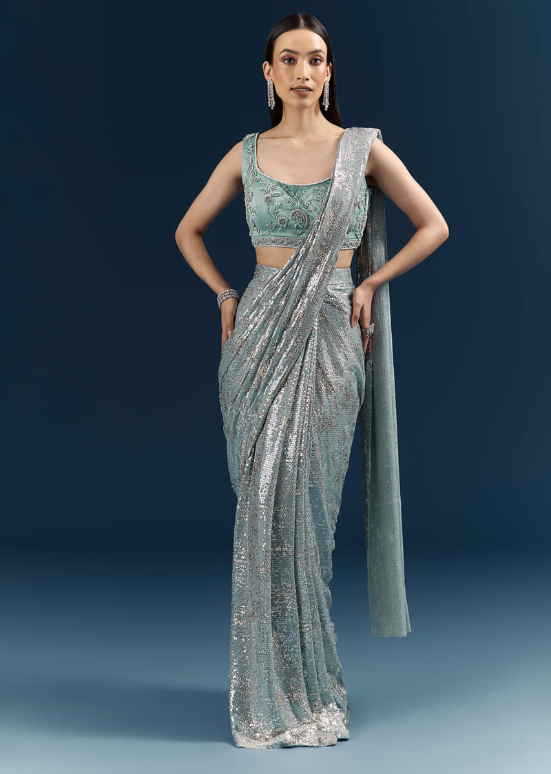 Powder Blue Imported Sequins And Net Ready Pleated Saree With Embroidery