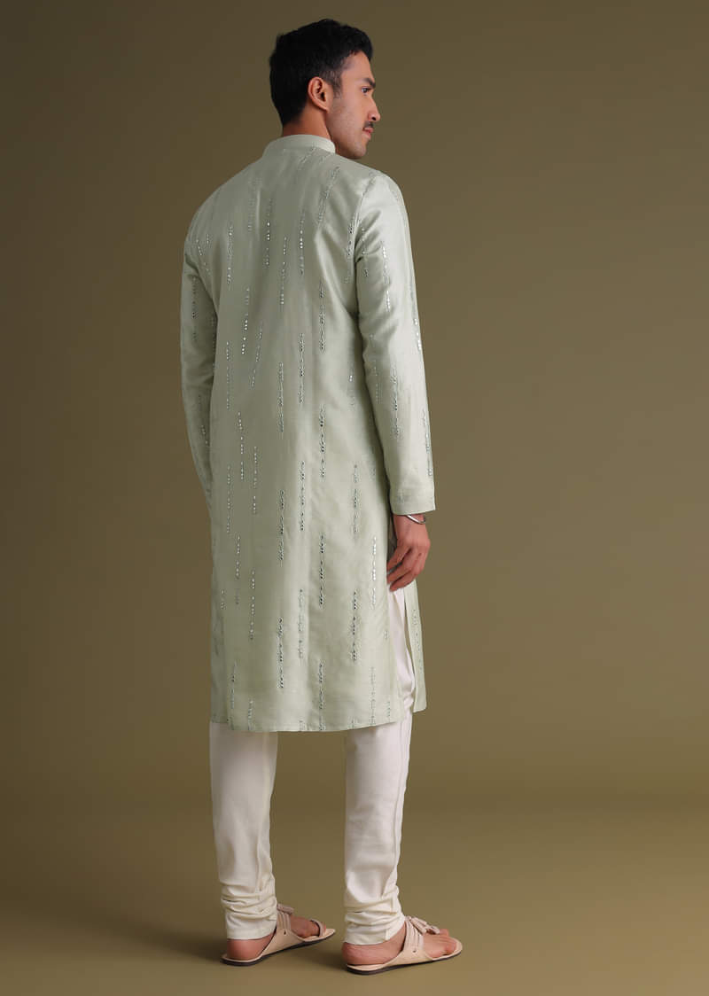 Powder Green Kurta Set With Mirror Work Embroidery In Cotton Silk