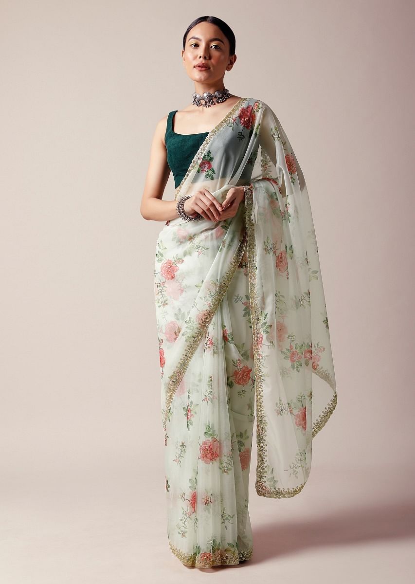 Buy Off White Saree In Organza With Floral Print And Cut Dana Work Along With Unstitched Blouse Online Kalki Fashion