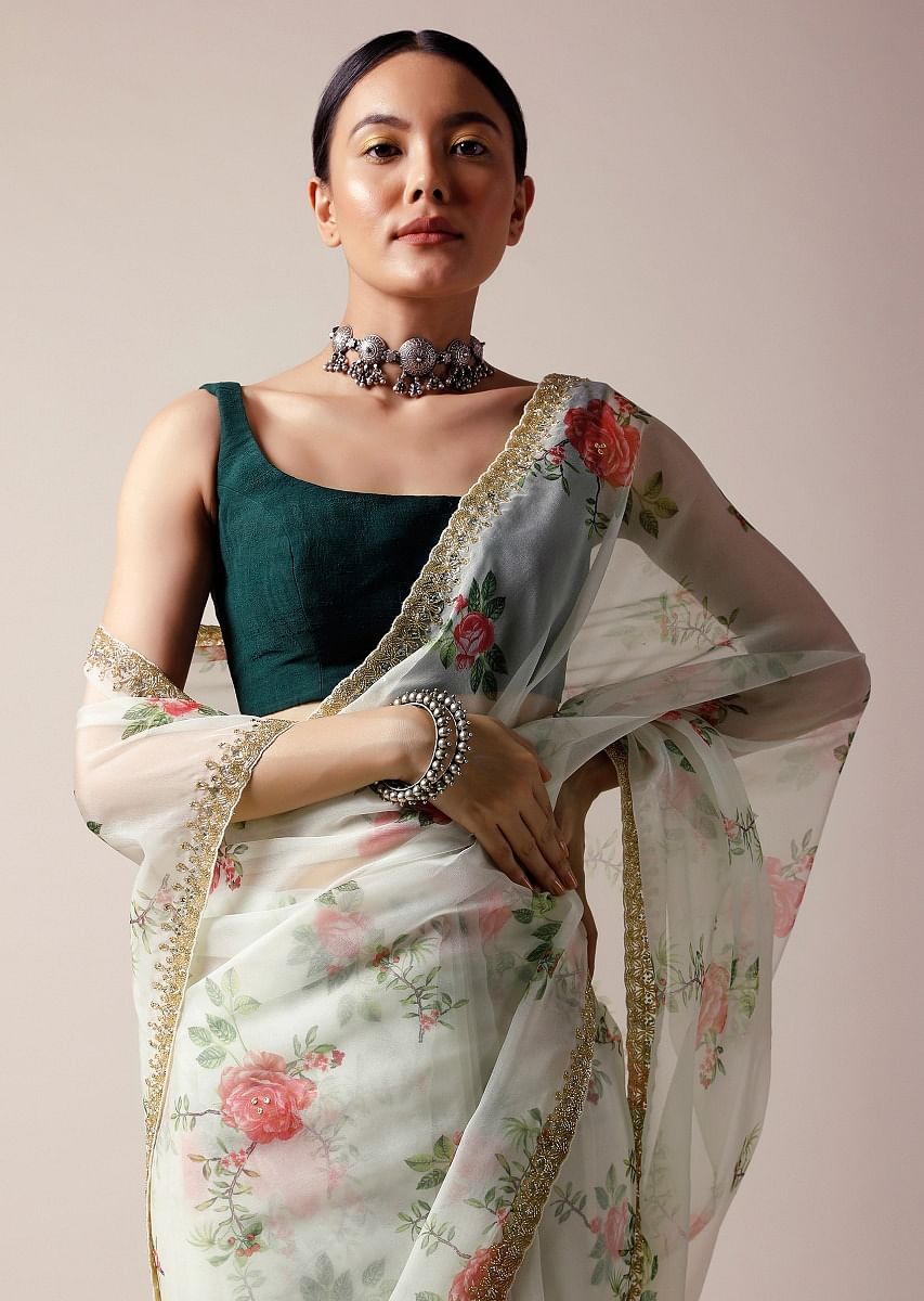 Buy Off White Saree In Organza With Floral Print And Cut Dana Work Along With Unstitched Blouse Online Kalki Fashion