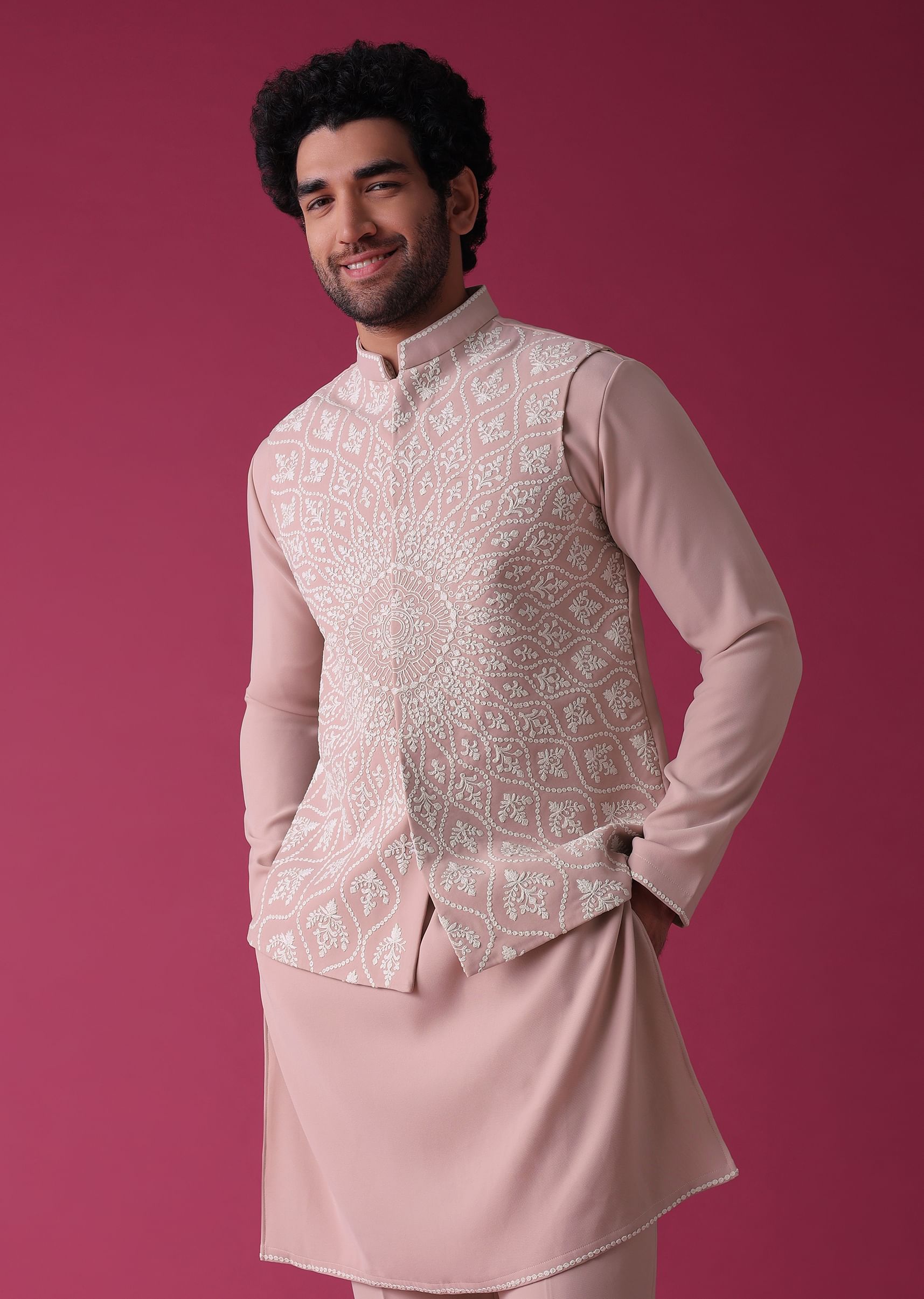 Buy Powder Pink Jacket Kurta Set In Silk With Intricate Threadwork KALKI Fashion India