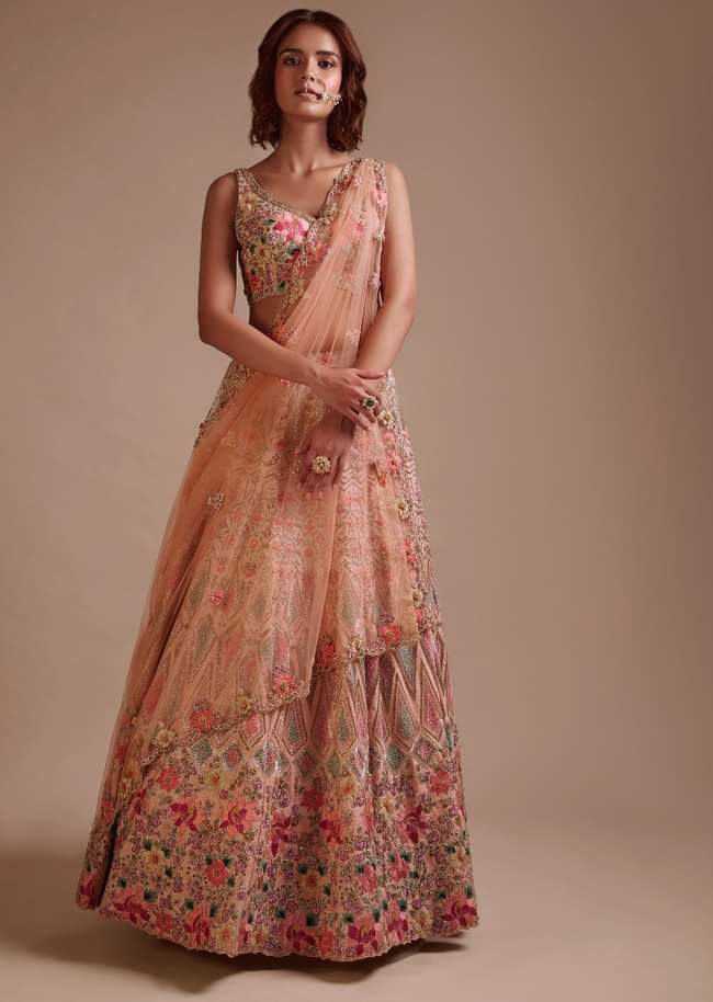 Powder Pink Lehenga Choli In Raw Silk With Colorful Resham And Sequins Embroidered Geometric And Floral Motifs 