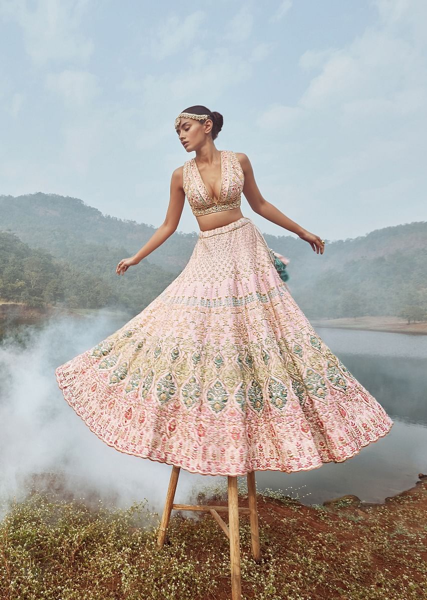 Buy Powder Pink Lehenga Choli With Multicolor Hand Embossed Embroidery Detailing In Floral And Moroccan Motifs Online Kalki Fashion