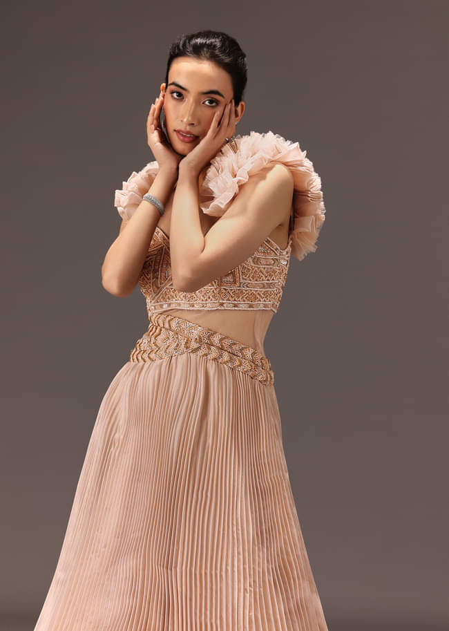 Powder Pink Ruffle Gown In Organza