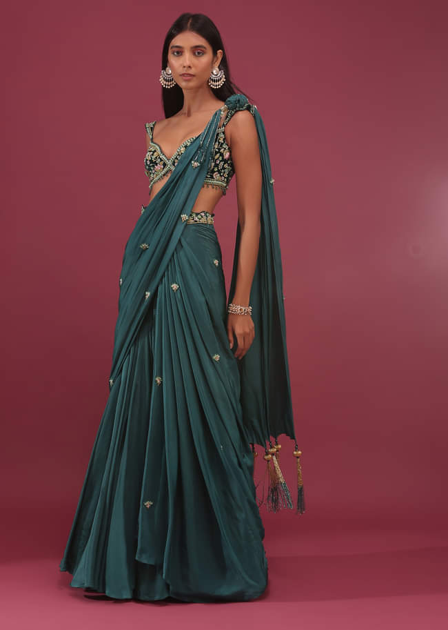 Emerald Green Pre Drape Saree With Floral Buttis And Embroidered Blouse - NOOR 2022