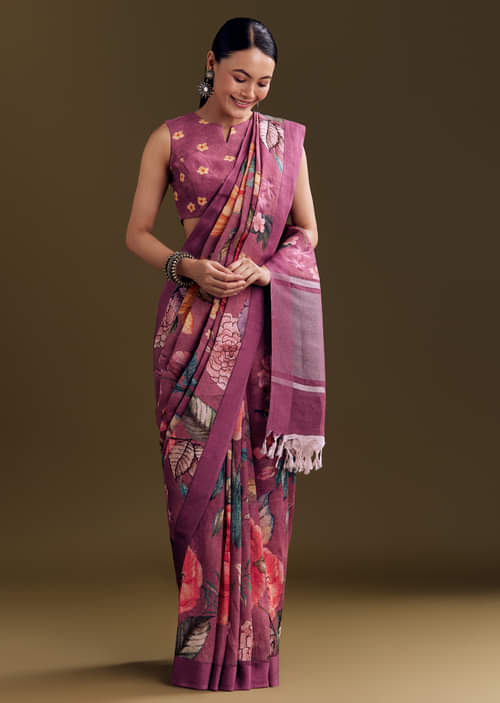 Purple Cotton Linen Saree With Faded Florals Purple Cotton Linen Saree With Faded Florals