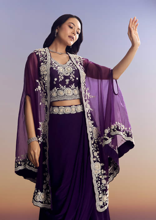 Purple Crepe Crop Top Skirt Set With Embroidered Cape Purple Crepe Crop Top Skirt Set With Embroidered Cape
