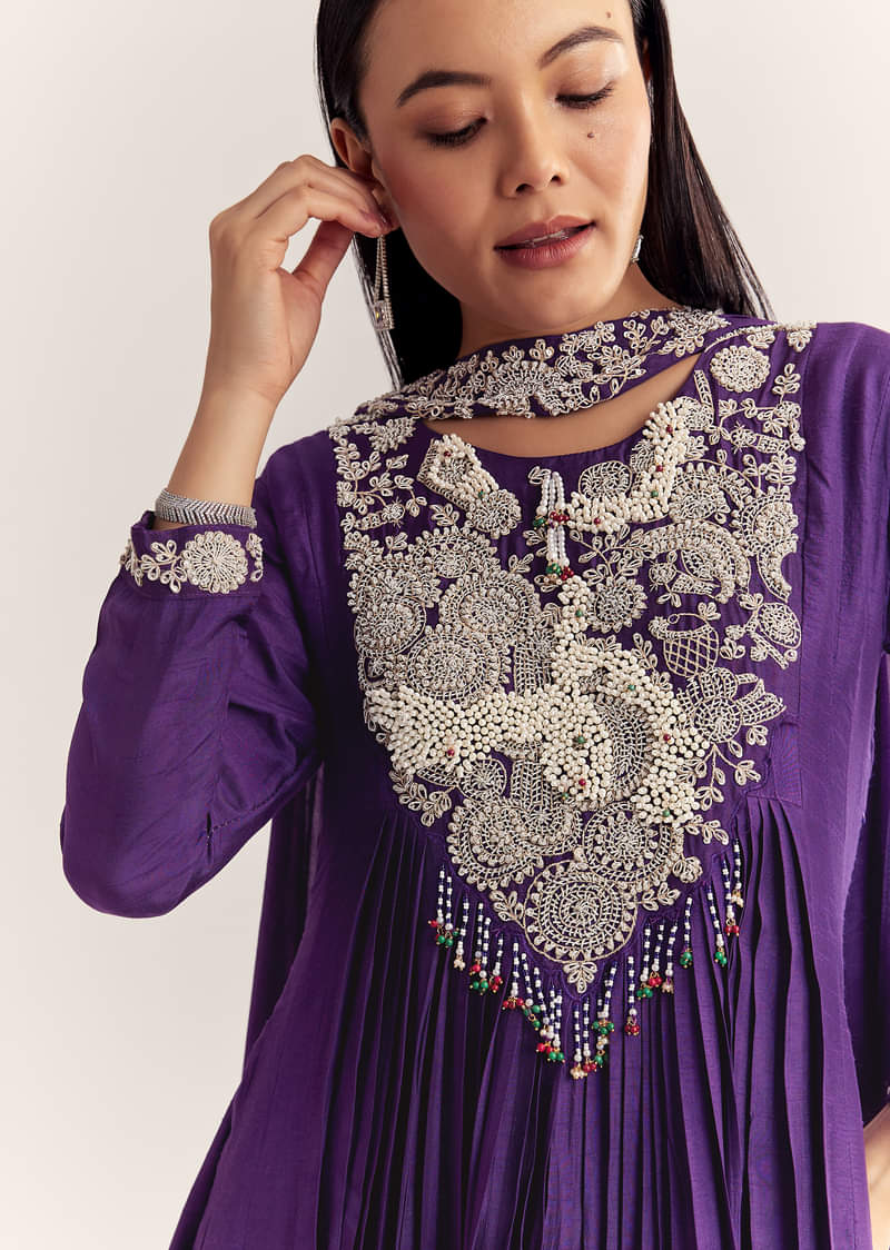 Purple Dola Silk Anarkali With Silver Zardosi And Choker Dupatta