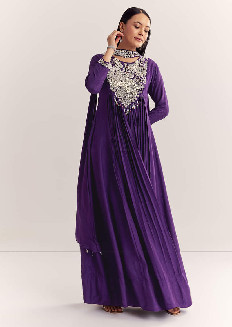Purple Dola Silk Anarkali With Silver Zardosi And Choker Dupatta