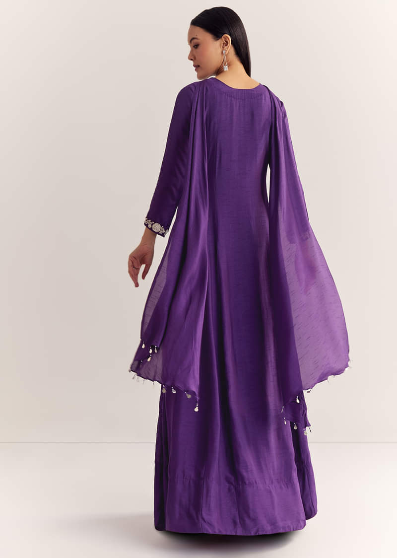 Purple Dola Silk Anarkali With Silver Zardosi And Choker Dupatta