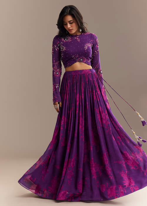 Purple Georgette Floral Printed Lehenga Set Purple Georgette Floral Printed Lehenga Set