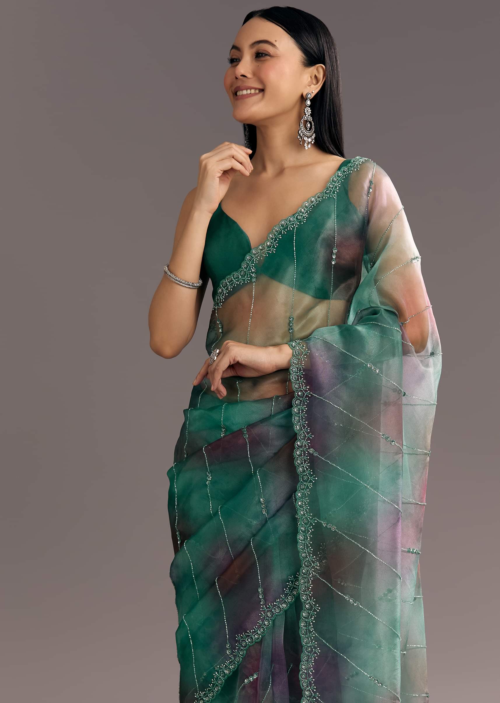 Buy Purple Green Shaded Organza Saree With Cutdana Sequin