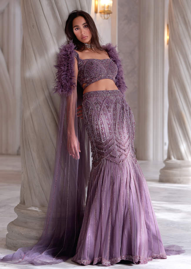 Purple Net Bridal Lehenga With Cutdana And Beads Embroidery