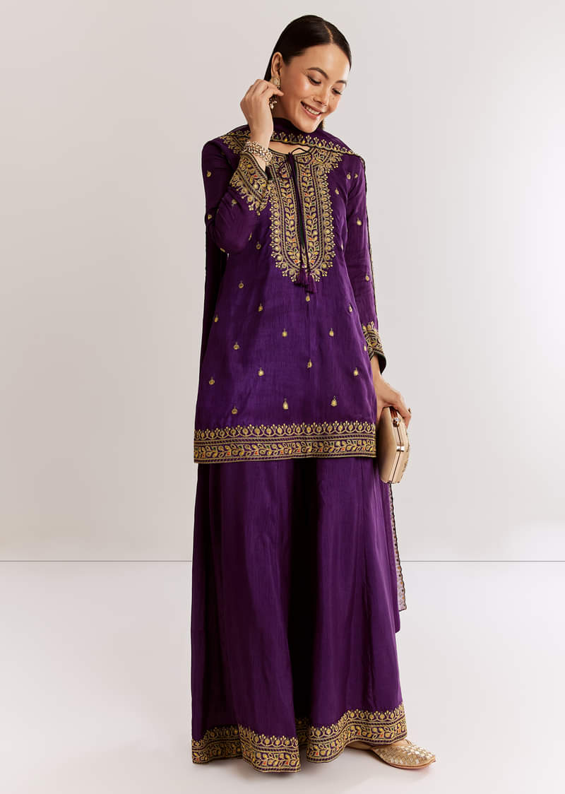 Purple Silk Kurta Set With Zari Butti And Border Work