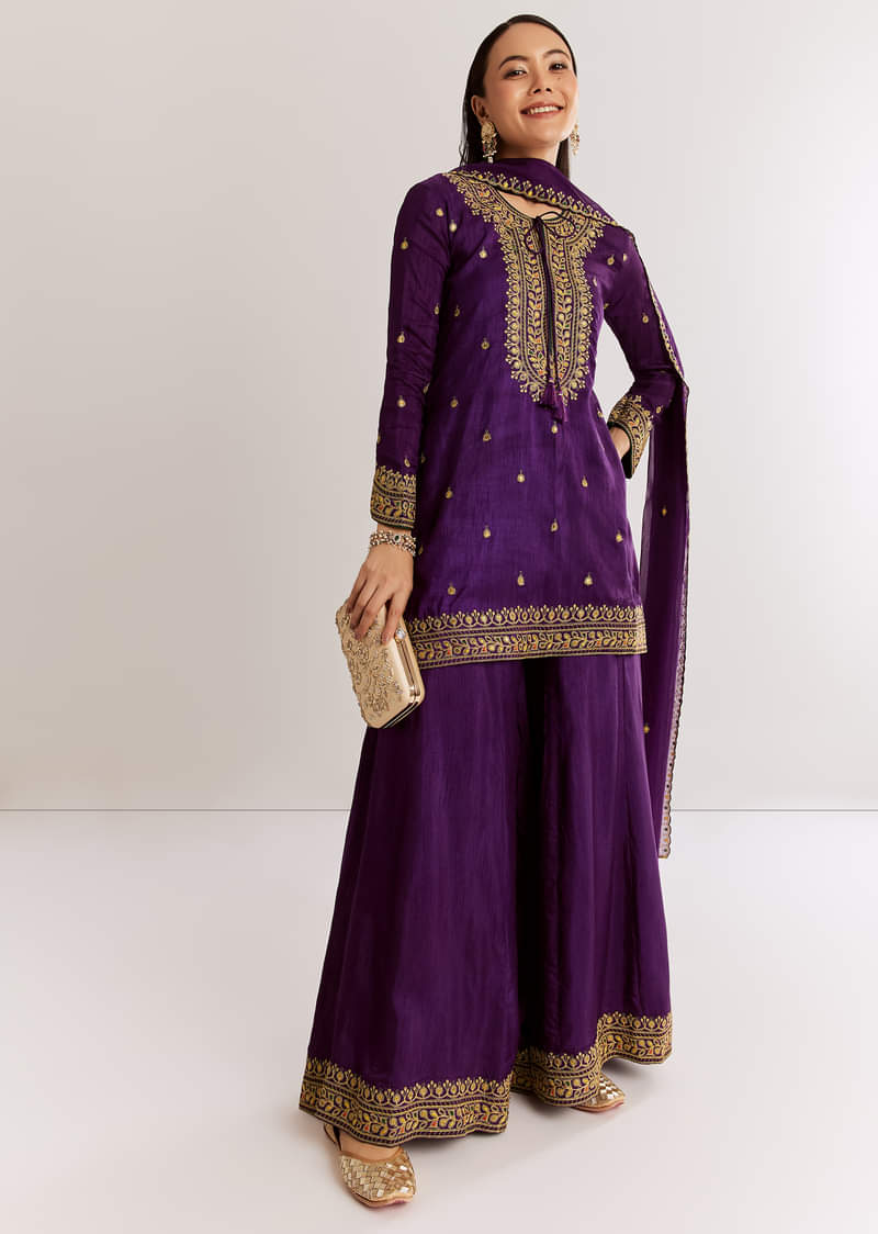 Purple Silk Kurta Set With Zari Butti And Border Work