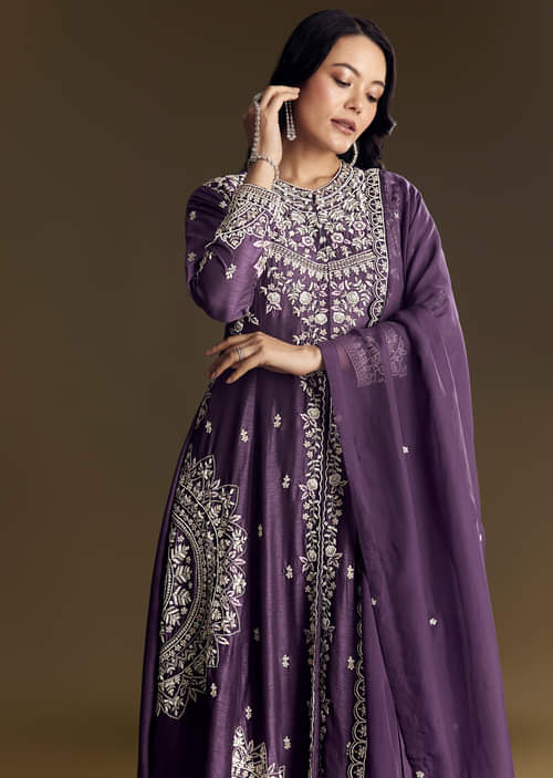 Purple Silk Palazzo Suit With Moti Work Purple Silk Palazzo Suit With Moti Work