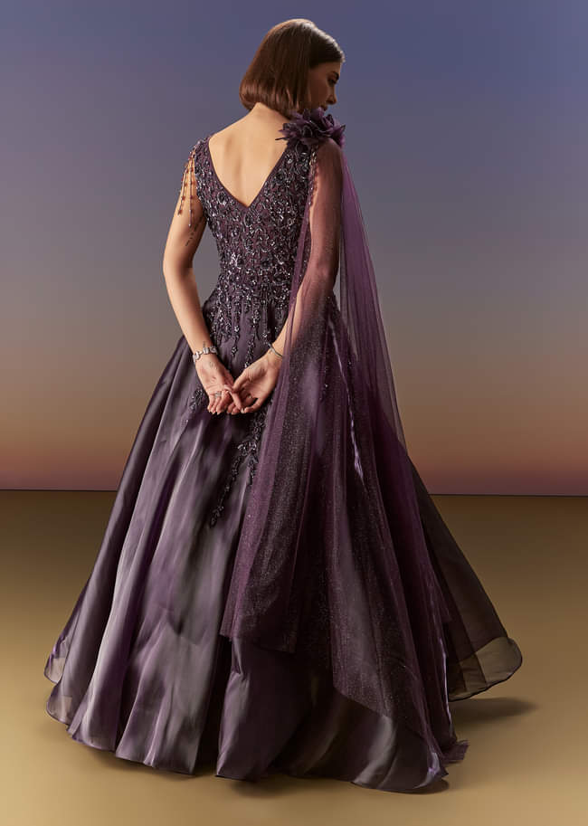 Purple Sleeveless Gown With Floral Shoulder Embroidery And Trail