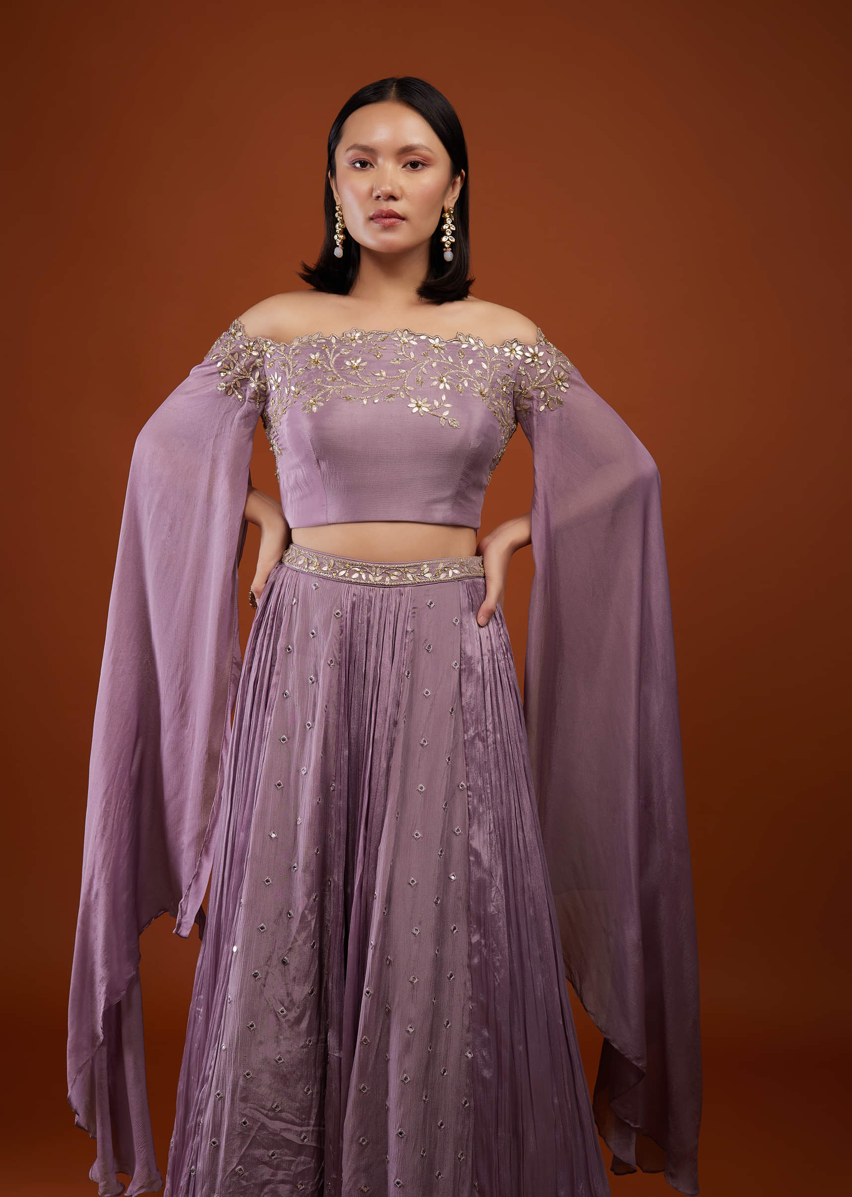 Buy Lilac Purple Ash Skirt And Crop-Top In Chinon With