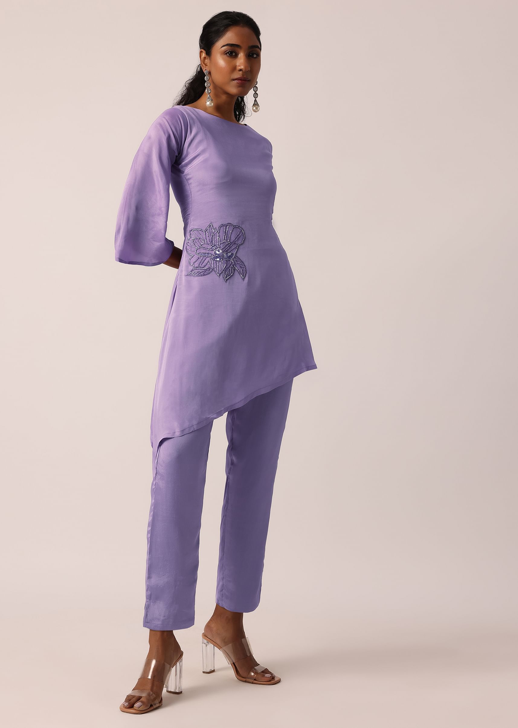 Buy Purple Asymmetric Hem Kurta And Pant Set