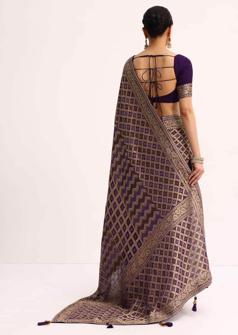 Purple Bandhani Tie Dye Saree With Zari Jaal And Unstitched Blouse