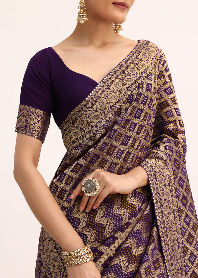 Purple Bandhani Tie Dye Saree With Zari Jaal And Unstitched Blouse