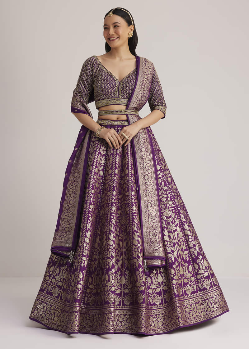 Purple Brocade Embroidered Lehenga Set