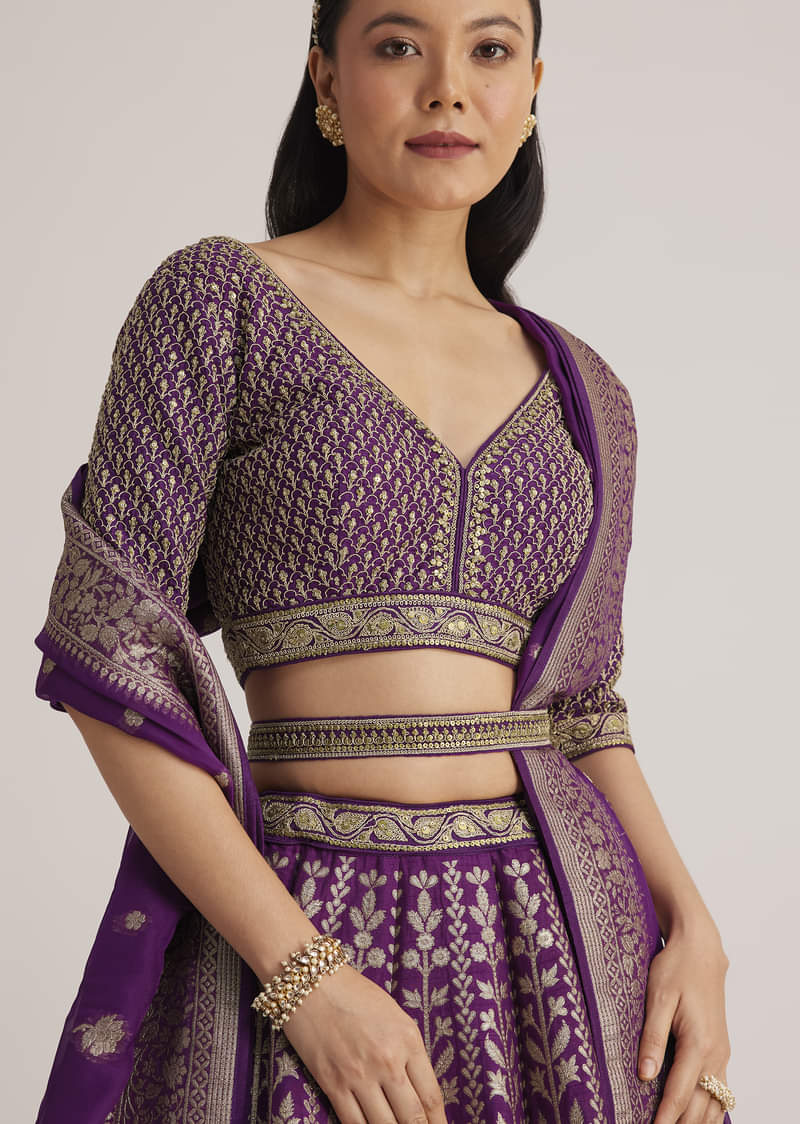 Purple Brocade Embroidered Lehenga Set