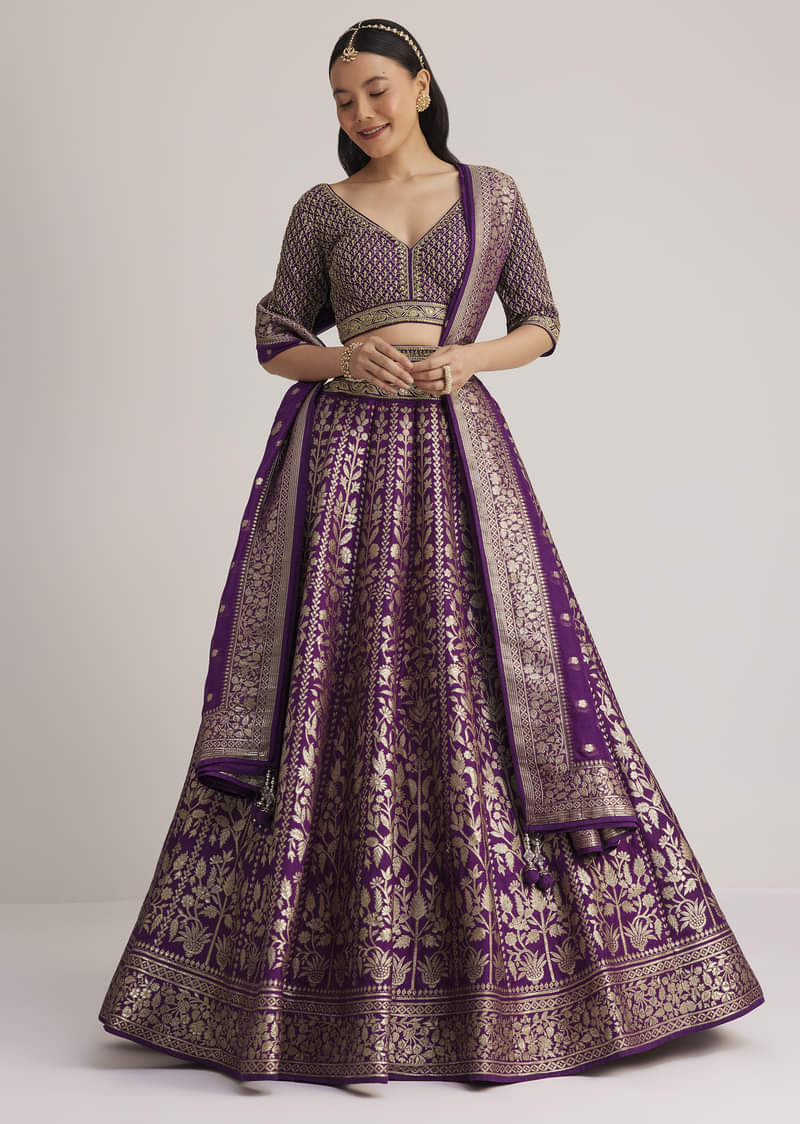 Purple Brocade Embroidered Lehenga Set