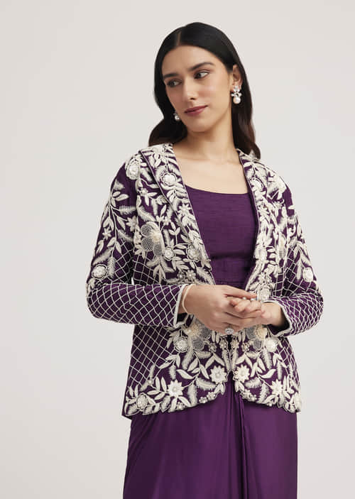 Buy Purple Crop Top Skirt And Embroidered Jacket Set