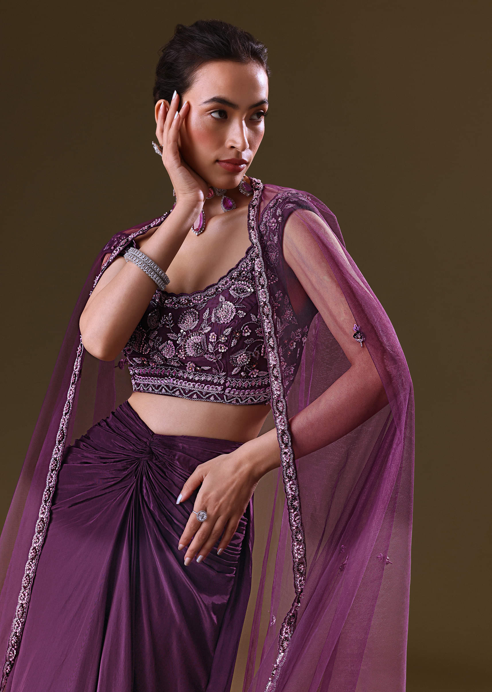 Buy Purple Embroidered Drape Skirt With Embroidered Net Cape