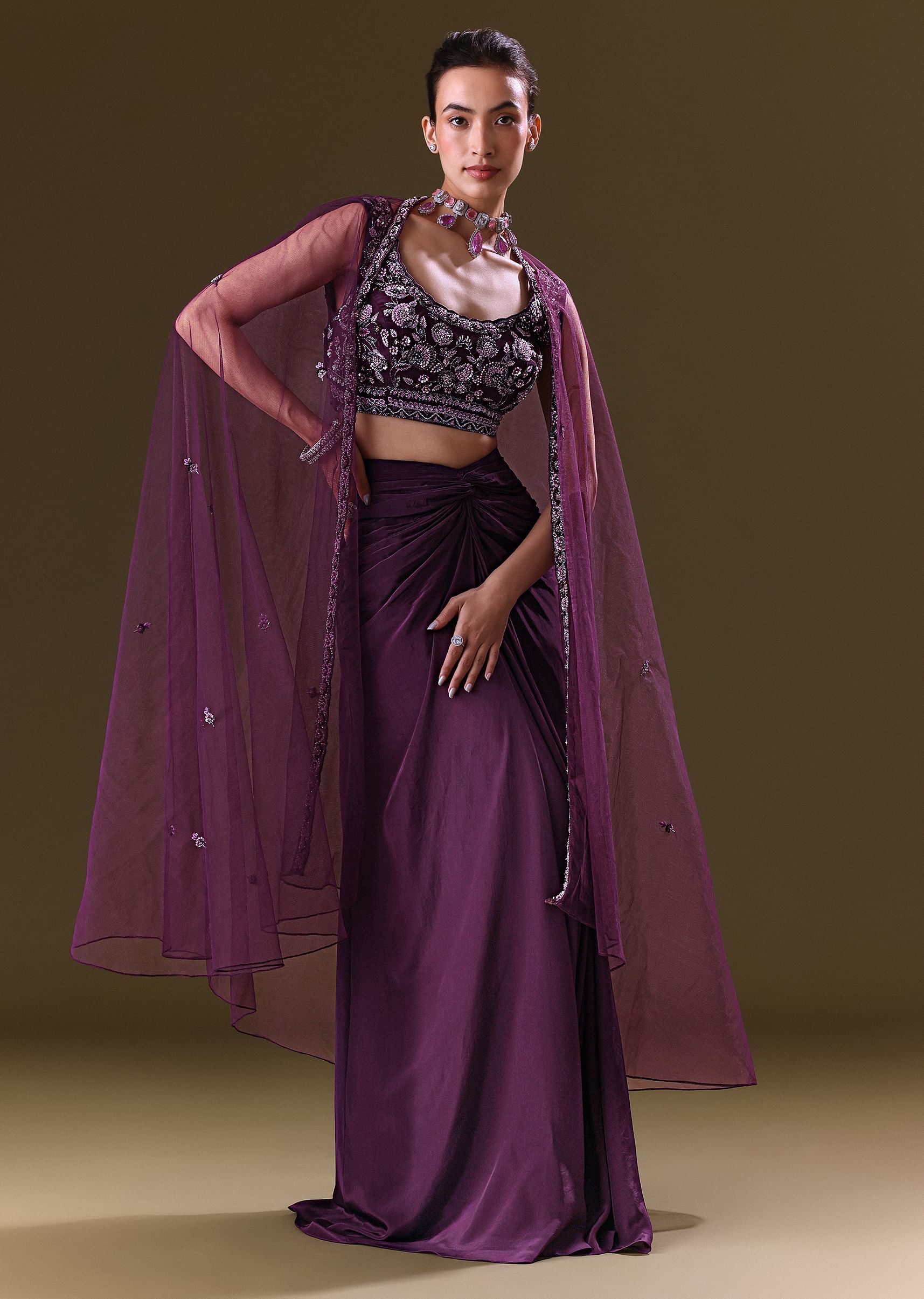 Buy Purple Embroidered Drape Skirt With Embroidered Net Cape KALKI Fashion India