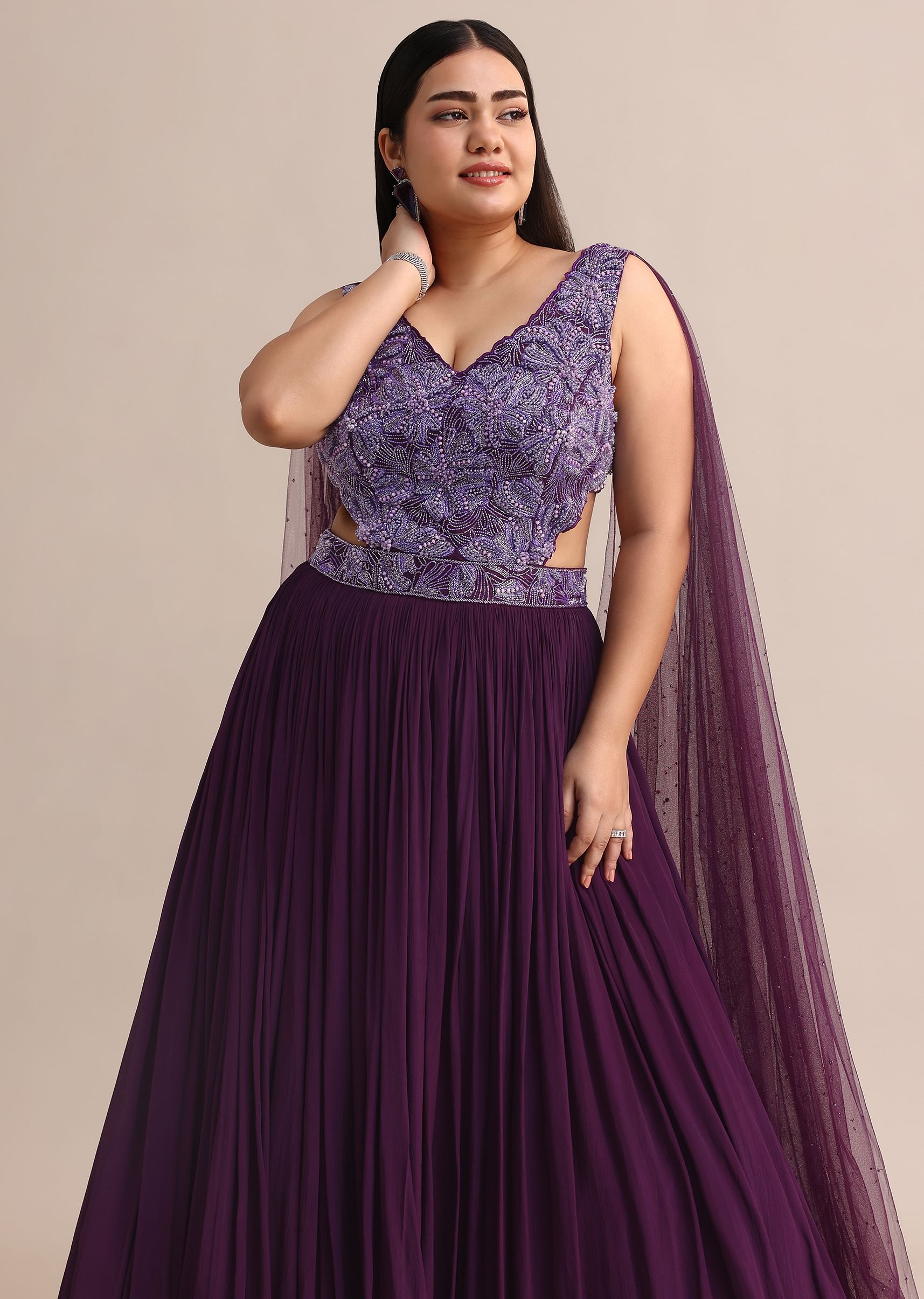 Buy Purple Embroidered V Neck Gown With Side Cut