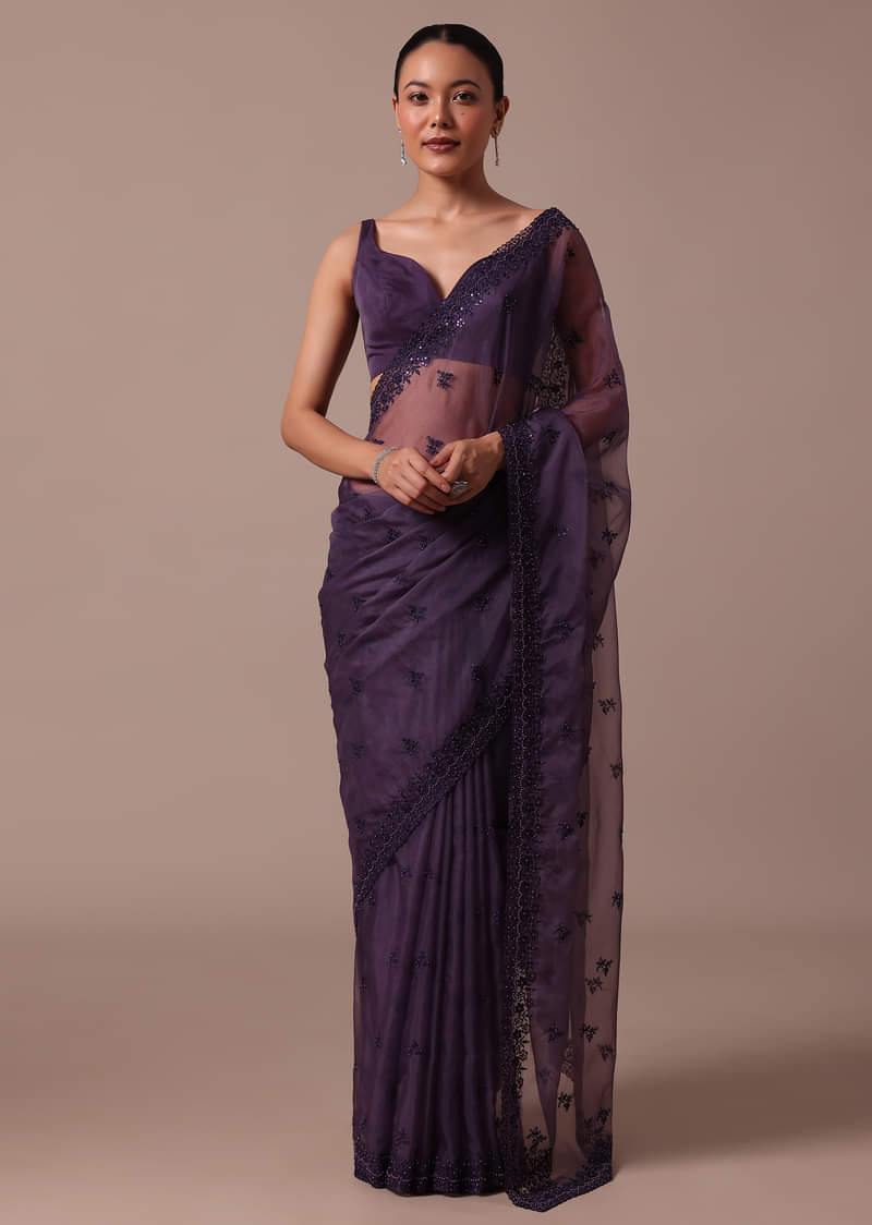 Buy Purple Embroidered Organza Saree With Unstitched Blouse
