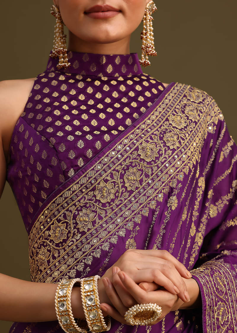 Purple Embroidered Saree With Zardosi And Cutdana Work