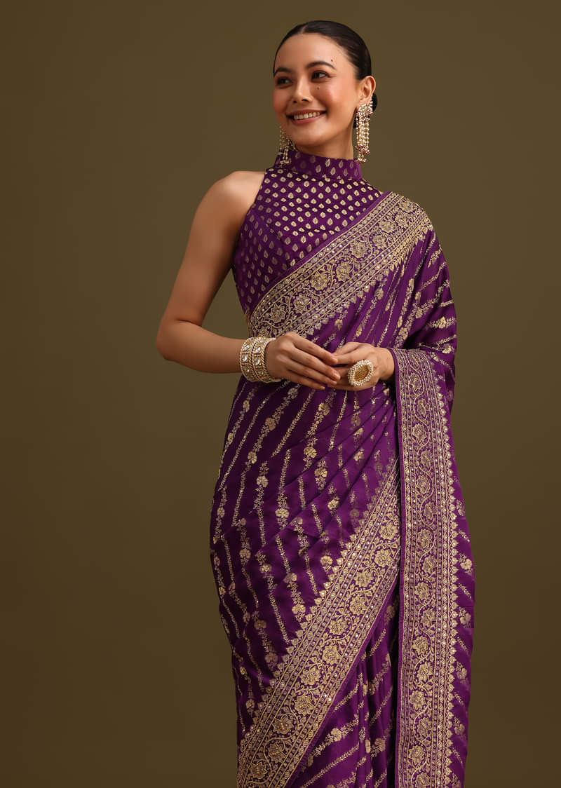 Purple Embroidered Saree With Zardosi And Cutdana Work