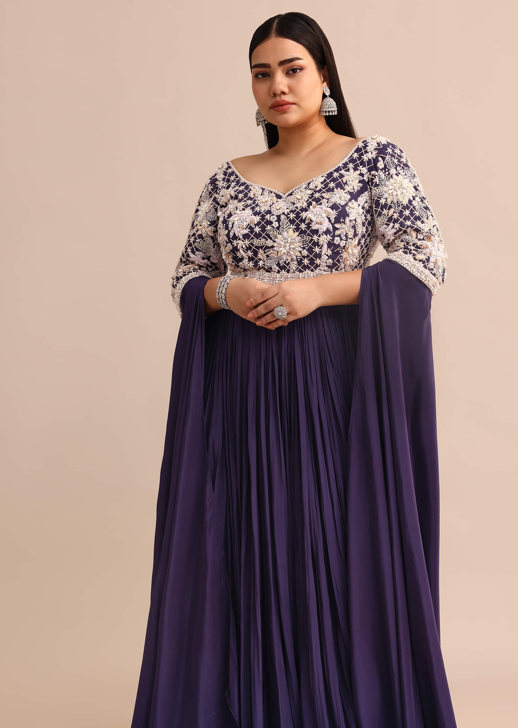 Buy Purple Gown With Cape Style Sleeves in Jaal Work