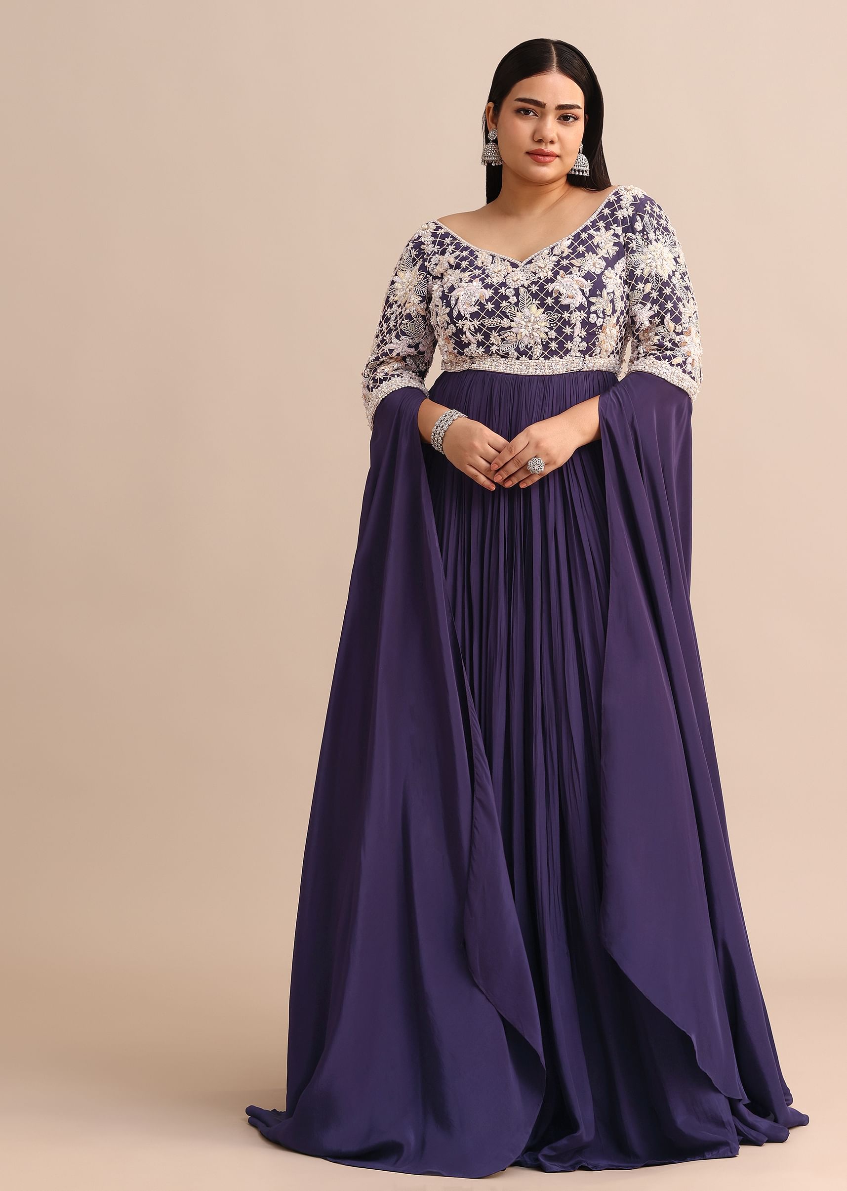 Buy Purple Gown With Cape Style Sleeves in Jaal Work KALKI Fashion Global