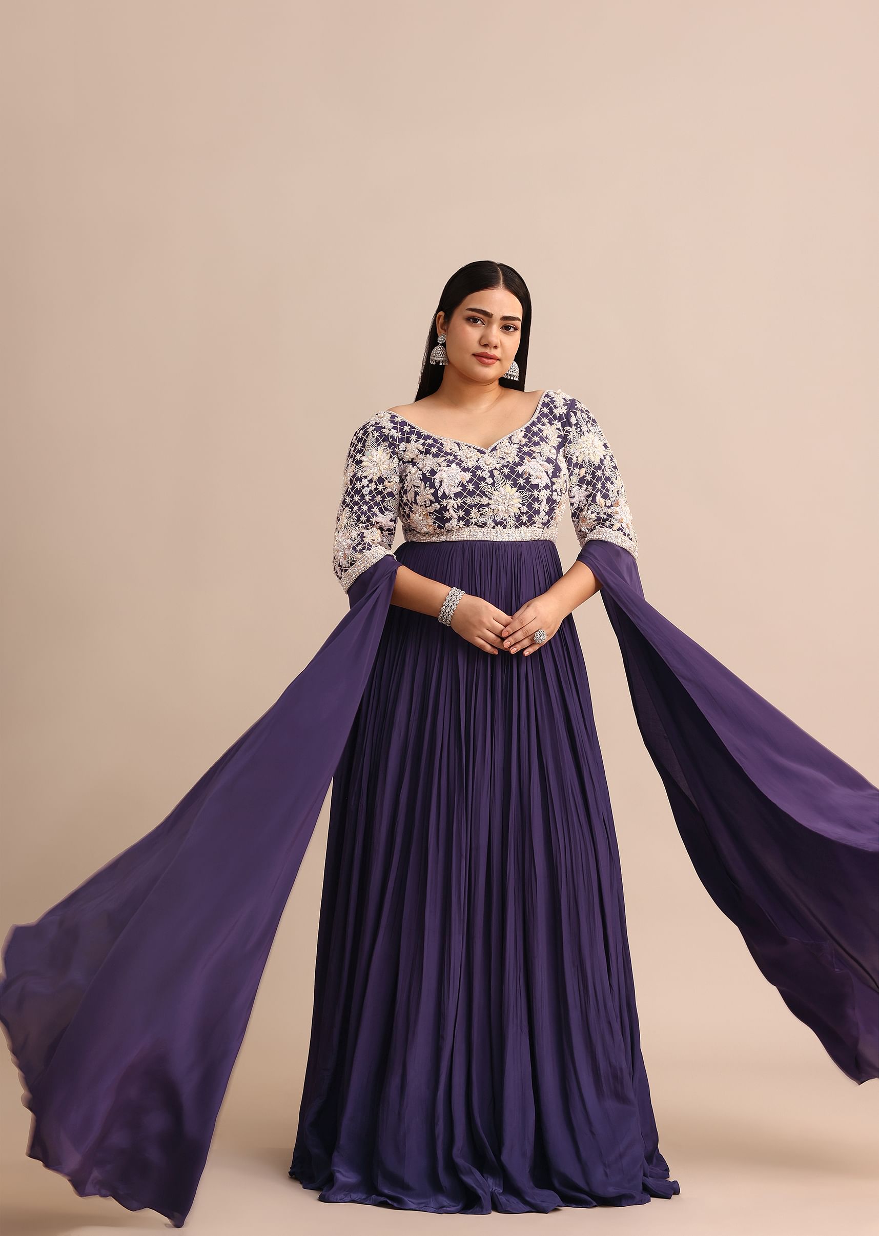 Buy Purple Gown With Cape Style Sleeves in Jaal Work