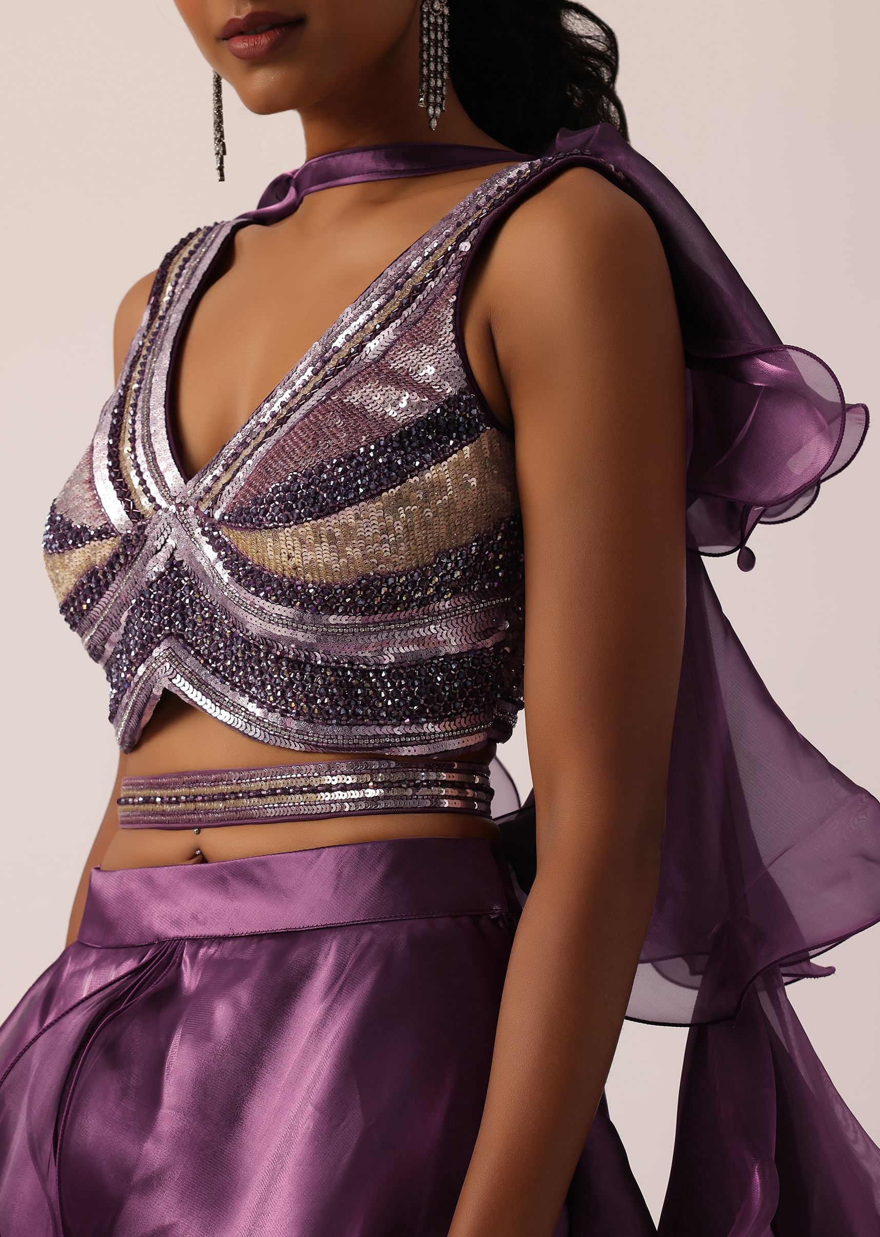 Buy Purple Layered Ruffle Lehenga Set With Sequin Work