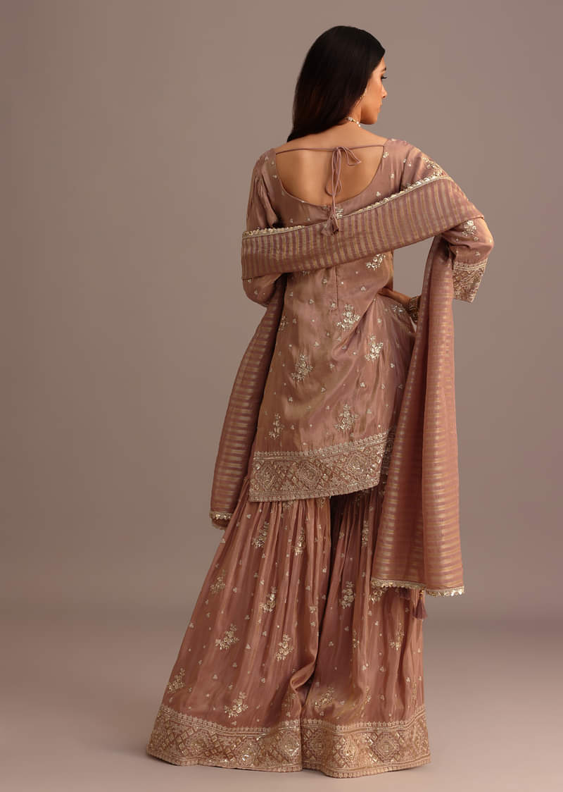 Mocha Mousse Sequins Kurti Sharara Set With Chanderi Banarasi Dupatta