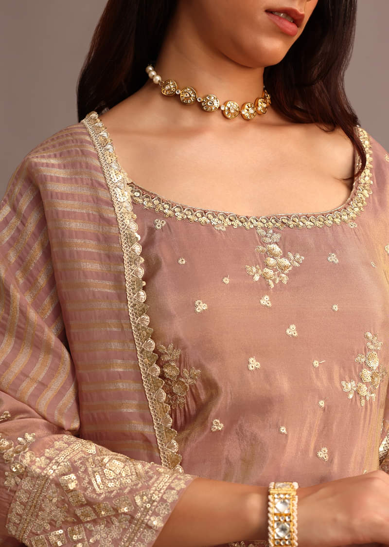 Mocha Mousse Sequins Kurti Sharara Set With Chanderi Banarasi Dupatta