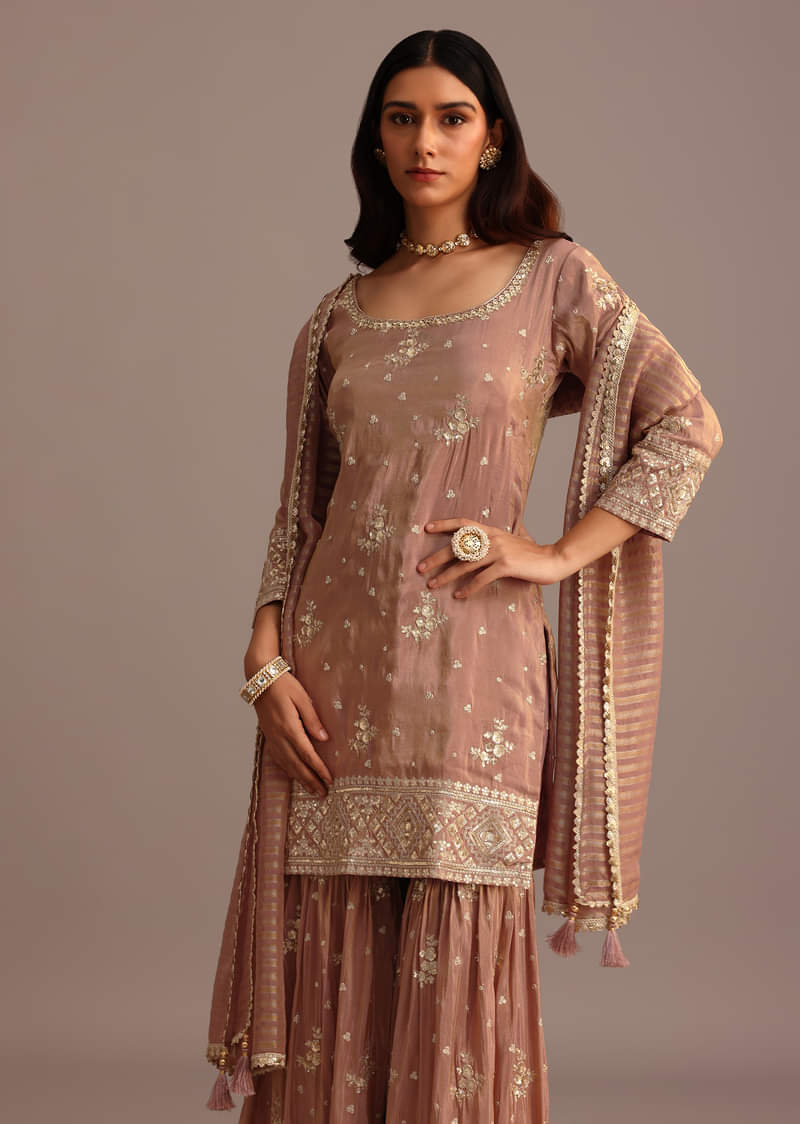 Mocha Mousse Sequins Kurti Sharara Set With Chanderi Banarasi Dupatta
