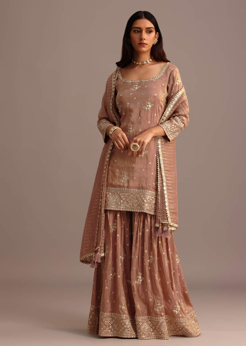 Mocha Mousse Sequins Kurti Sharara Set With Chanderi Banarasi Dupatta