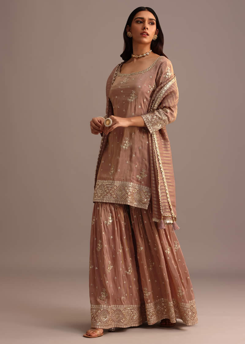 Mocha Mousse Sequins Kurti Sharara Set With Chanderi Banarasi Dupatta