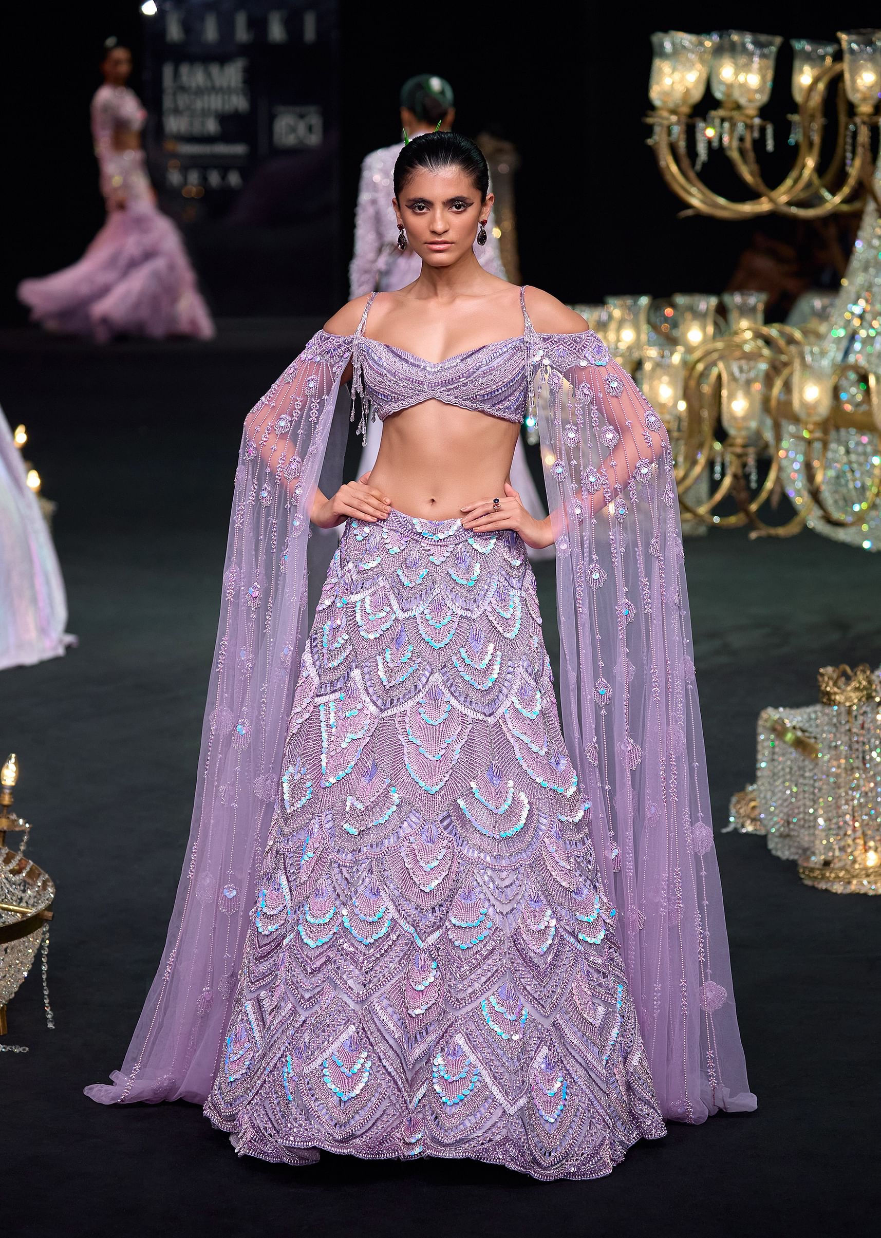 Buy Lavender Pearl Embellished Lehenga With Off Shoulder Draped Cape