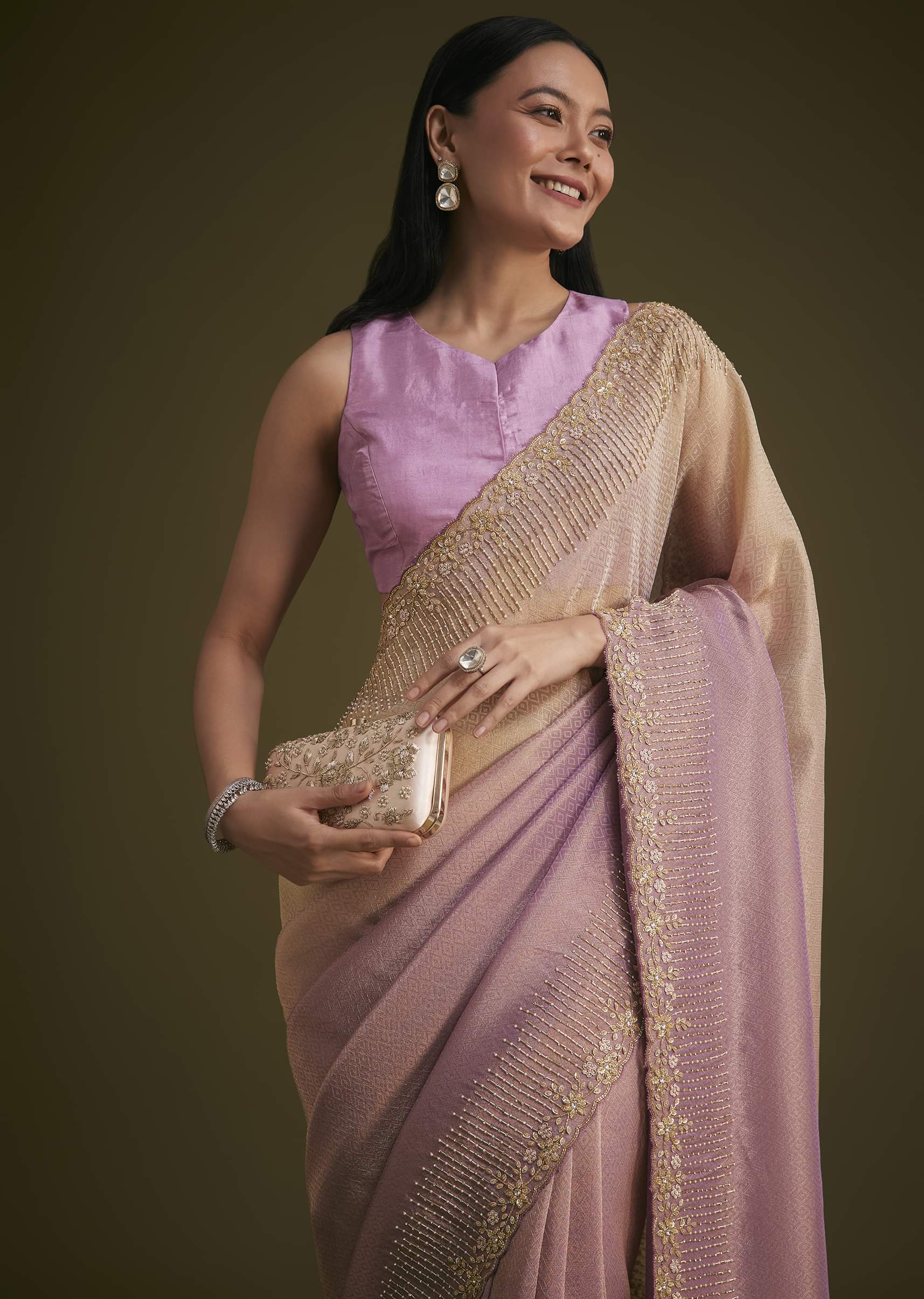 新品 正規品!!  purple_ombre_jacquard_saree- 着物・浴衣