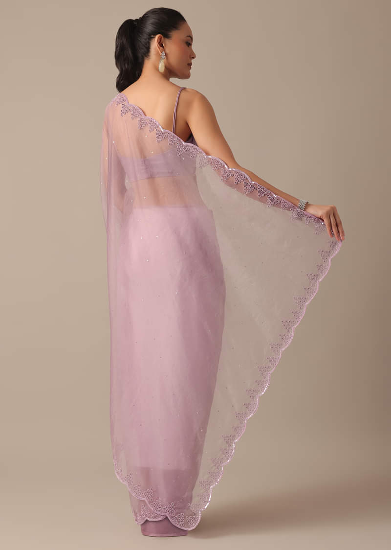 Purple Organza Saree with Embellished Border and Unstitched Blouse Piece